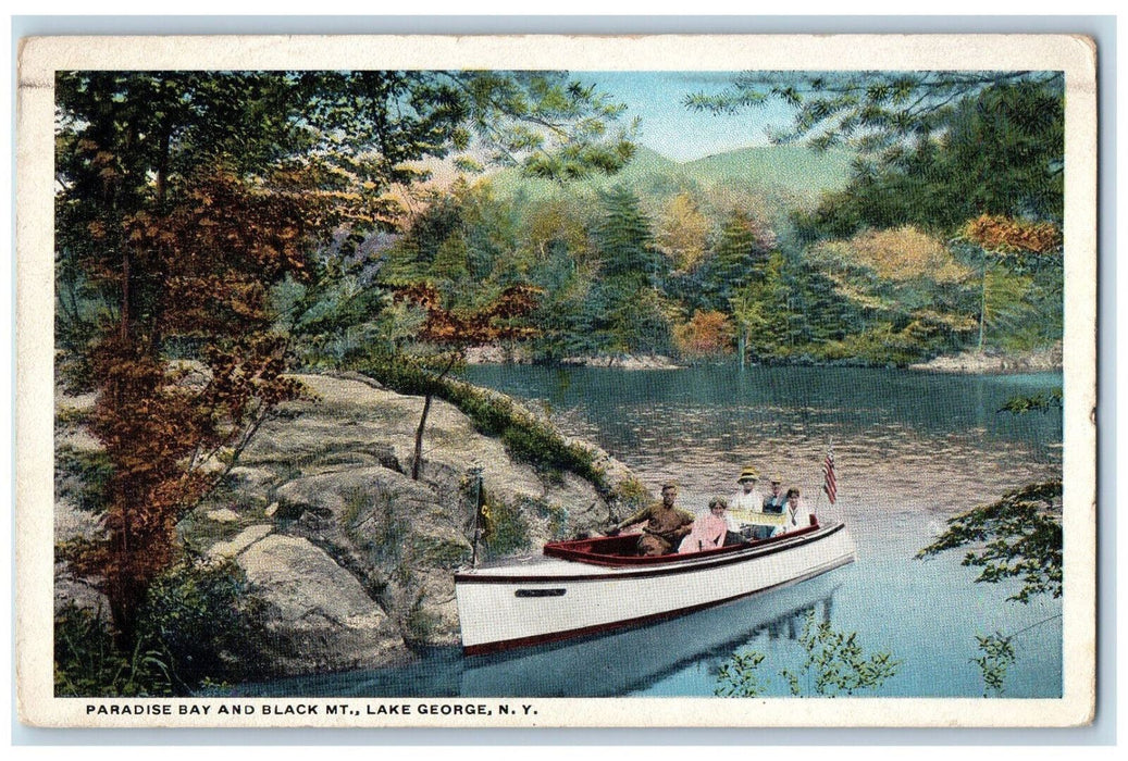 1918 Boat Scene, Paradise Bay and Black Mt. Lake George New York NY Postcard