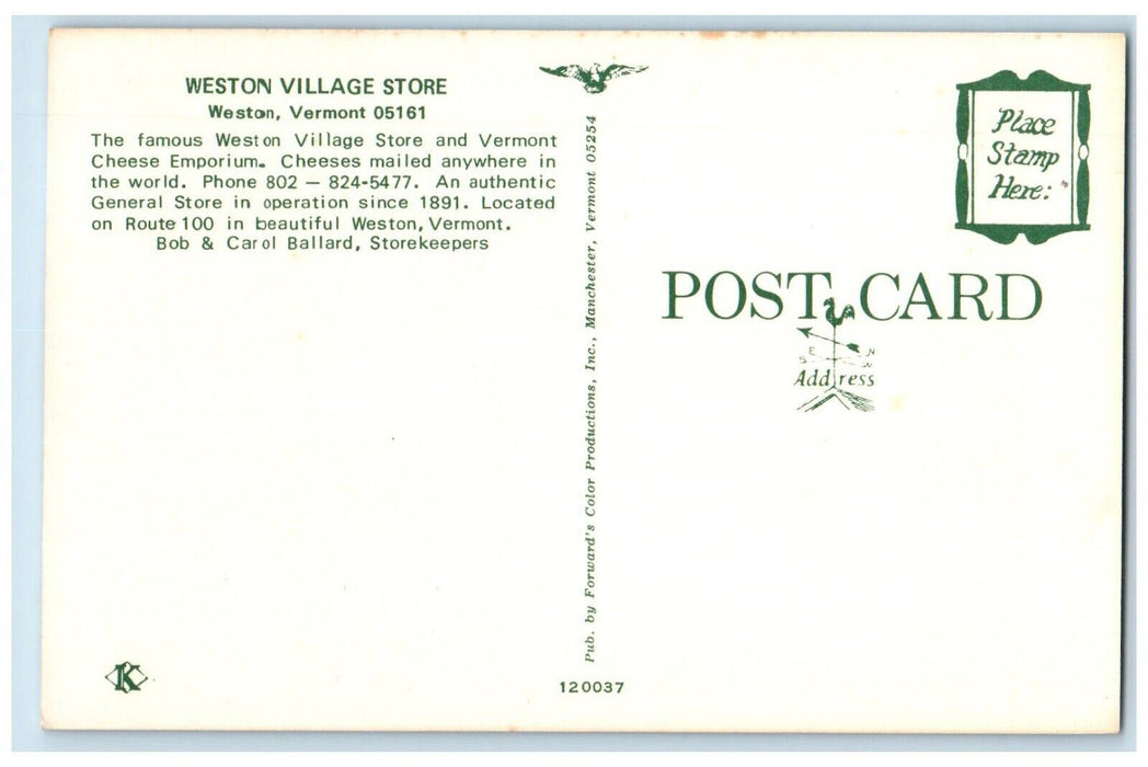 c1950's Weston Village Store Scene Street Cars Weston Vermont VT Postcard