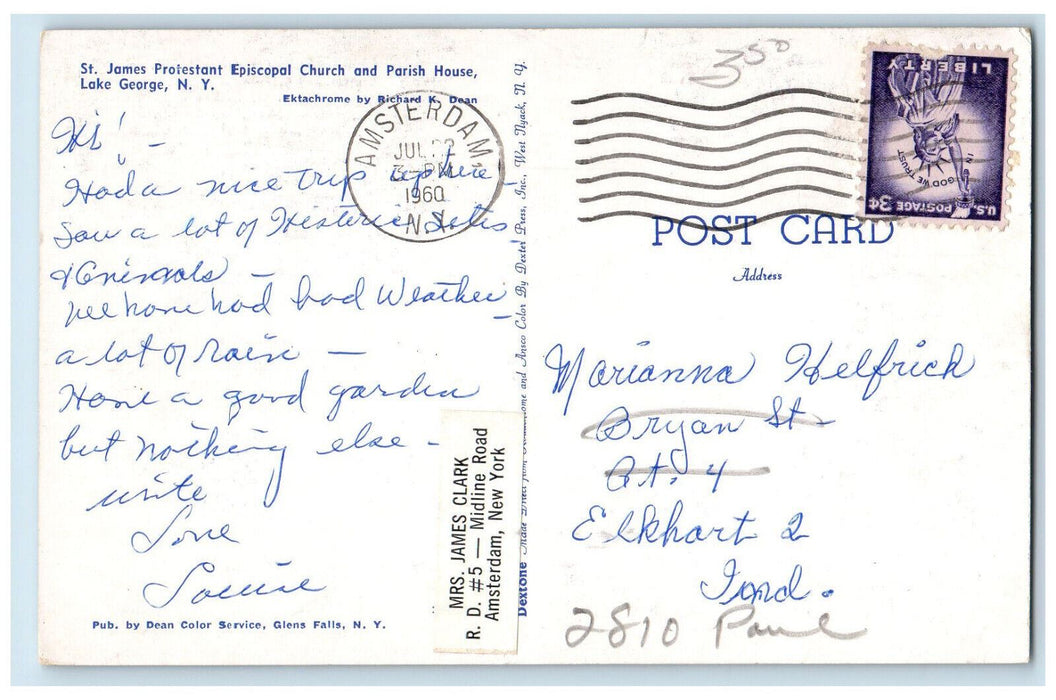 1960 St. James Protestant Episcopal Church Lake George NY Posted Postcard