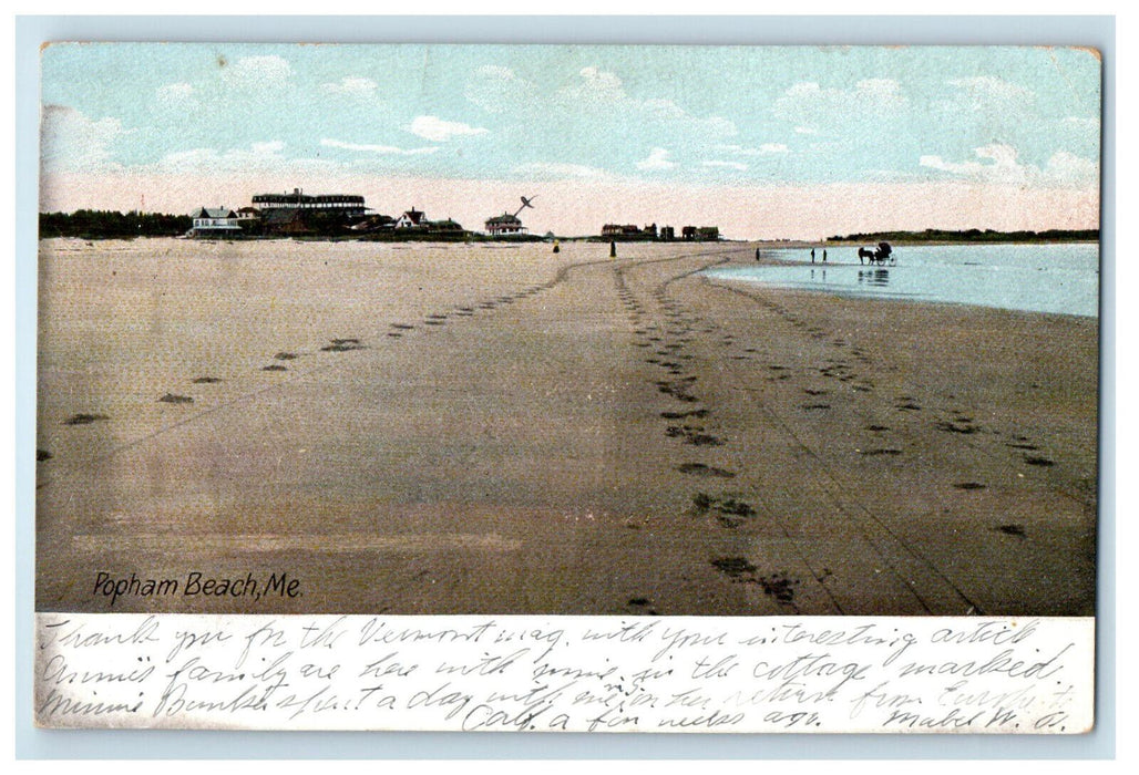 1907 Scene of People, Horse Carriage in Popham Beach ME Wells River VT Postcard