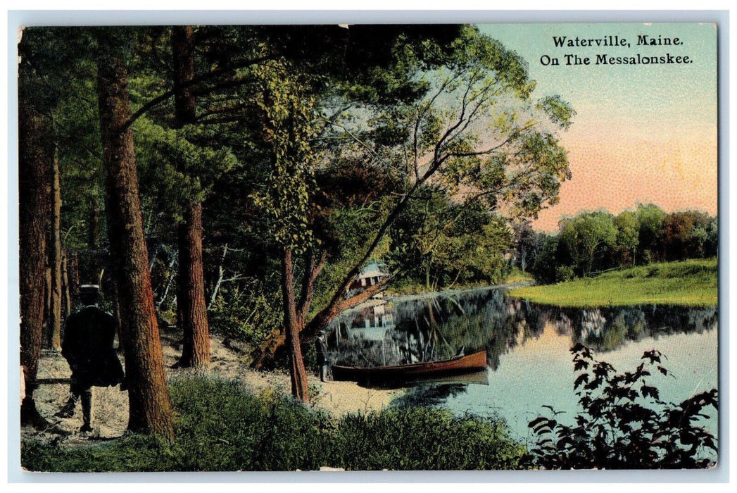 1912 Boat, Two Men On The Messalonskee Waterville Maine ME Antique Postcard