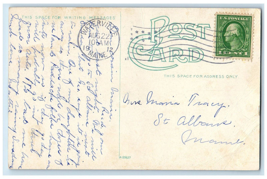 1912 Boat, Two Men On The Messalonskee Waterville Maine ME Antique Postcard