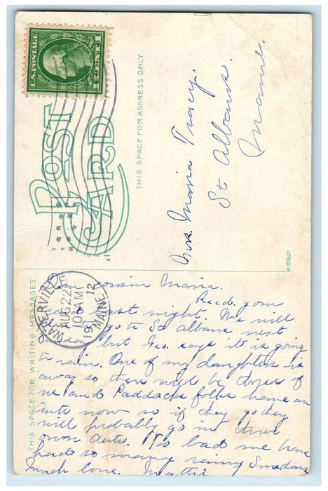 1912 Boat, Two Men On The Messalonskee Waterville Maine ME Antique Postcard