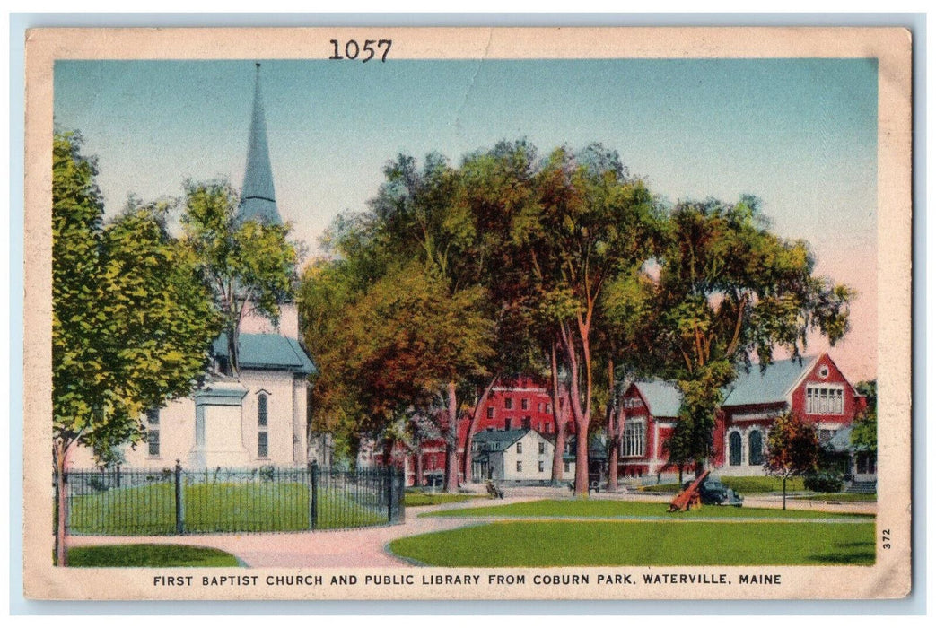 c1950's First Baptist Church & Public Library Waterville Maine ME Postcard