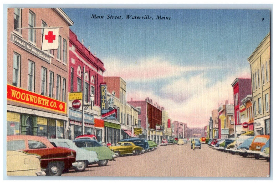 c1930's Thomas Business College, Woolworth Co. Main St. Waterville ME Postcard