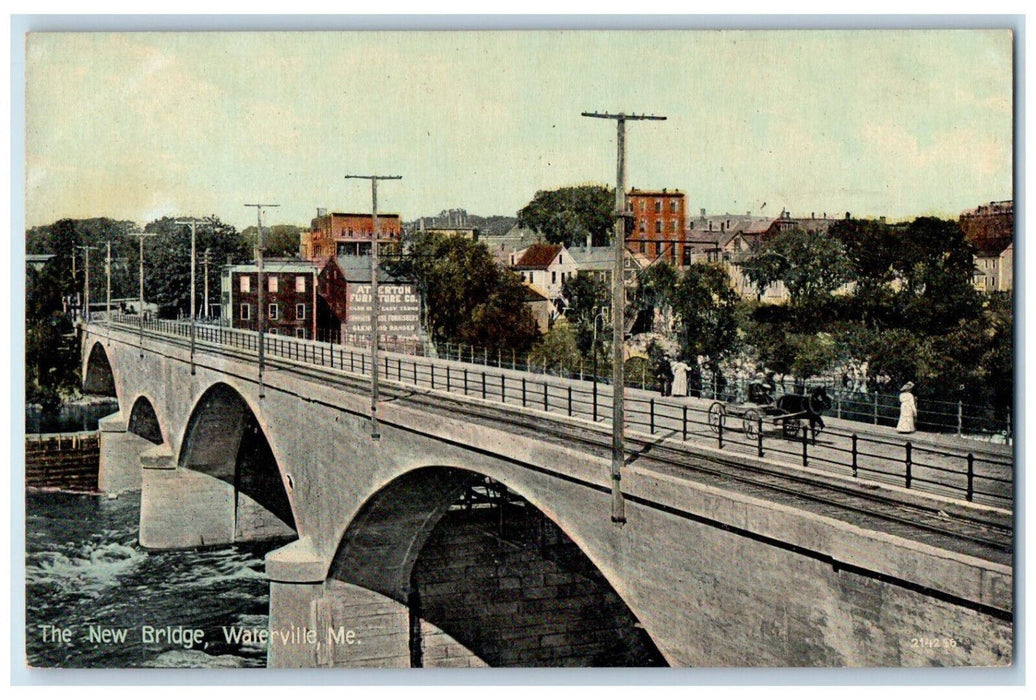 c1910 Horse Carriage, The New Bridge, Waterville Maine ME Antique Postcard