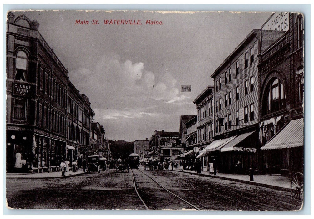 c1940's Trolley Car, Business District Main Street, Waterville Maine ME Postcard