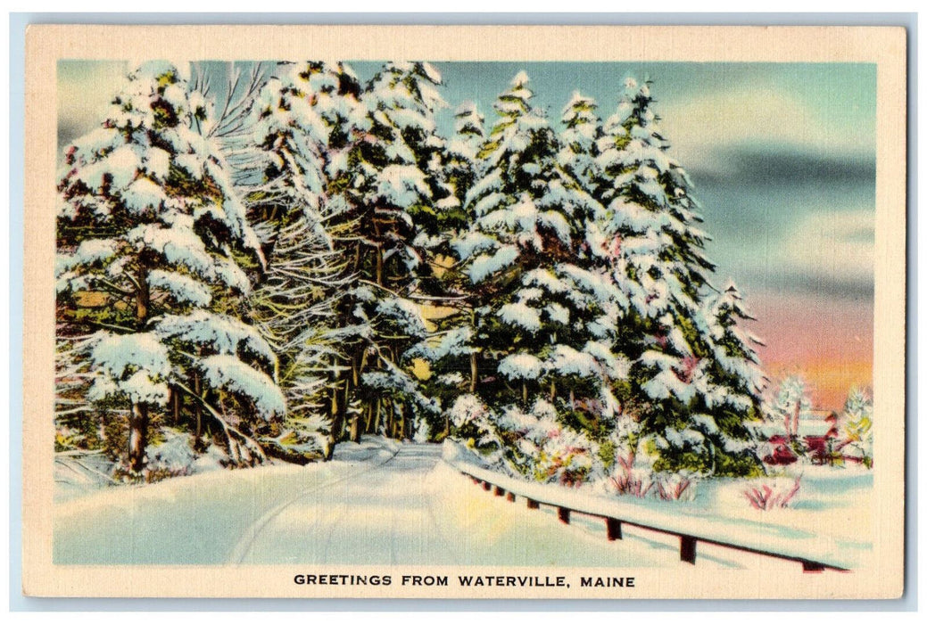c1950's Tall Trees, Snow, Greetings from Waterville Maine ME Postcard