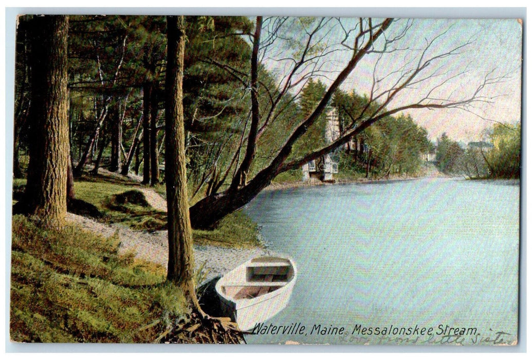 1907 Boat on the Side of Messalonskee Stream, Waterville Maine ME Postcard