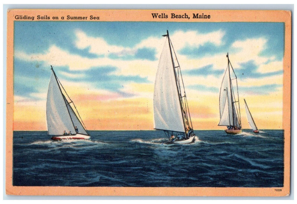 c1950's Boat Scene, Gliding Sails on Summer Sea Wells Beach Maine ME Postcard