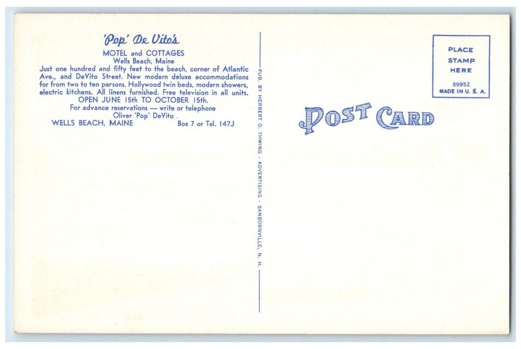 c1940's Pop DeVito's Motel and Cottages, Wells Beach Maine ME Postcard