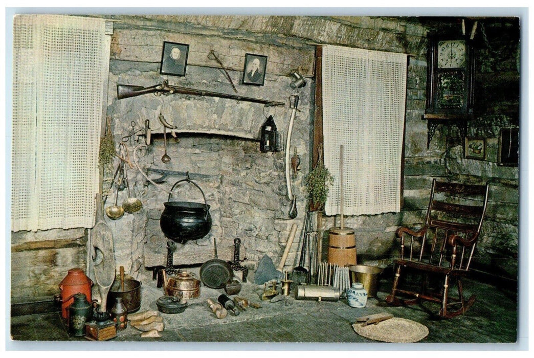 Kemper Log House Fireplace Utensils Musket Tomahawk Cincinnati Ohio OH Postcard