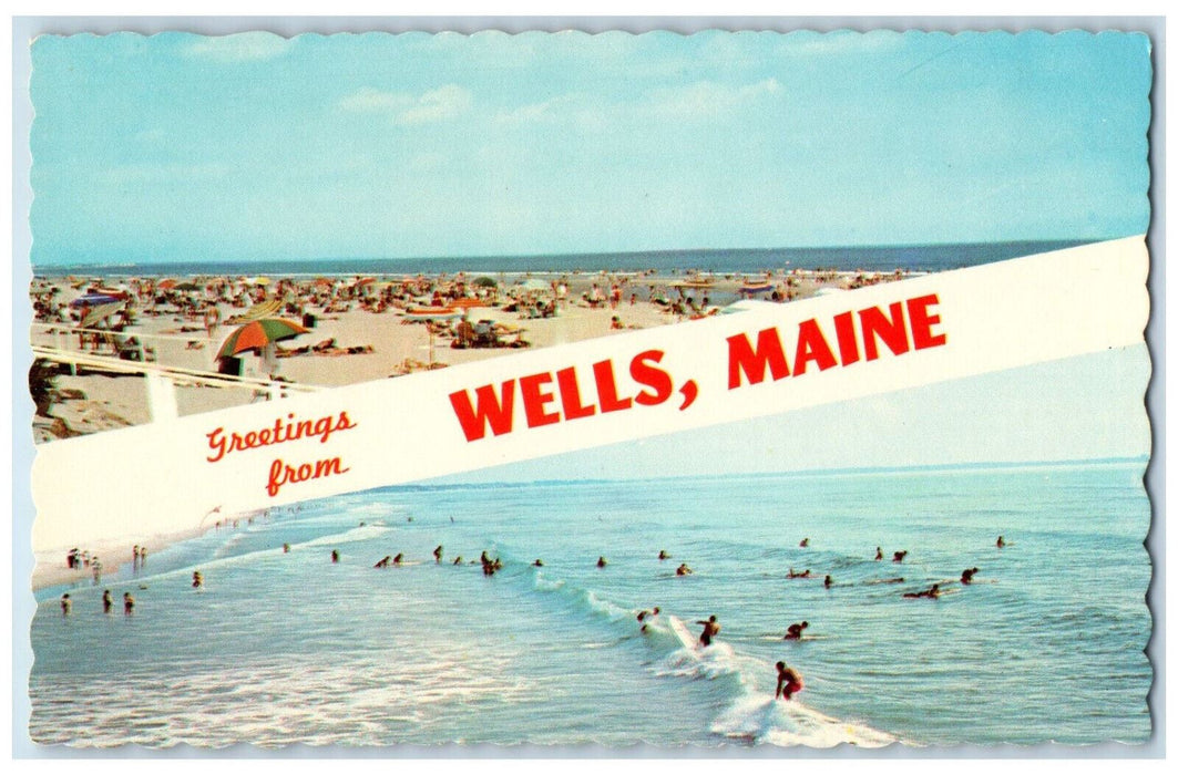 c1950's Multiview of Beach, Greetings from Wells, Maine ME Unposted Postcard