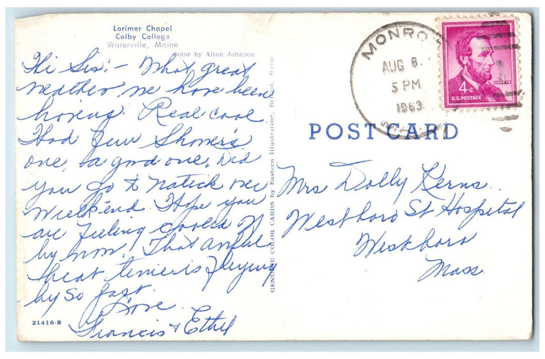 1963 Lorimer Chapel Colby College Waterville Maine ME Monroe ME Postcard