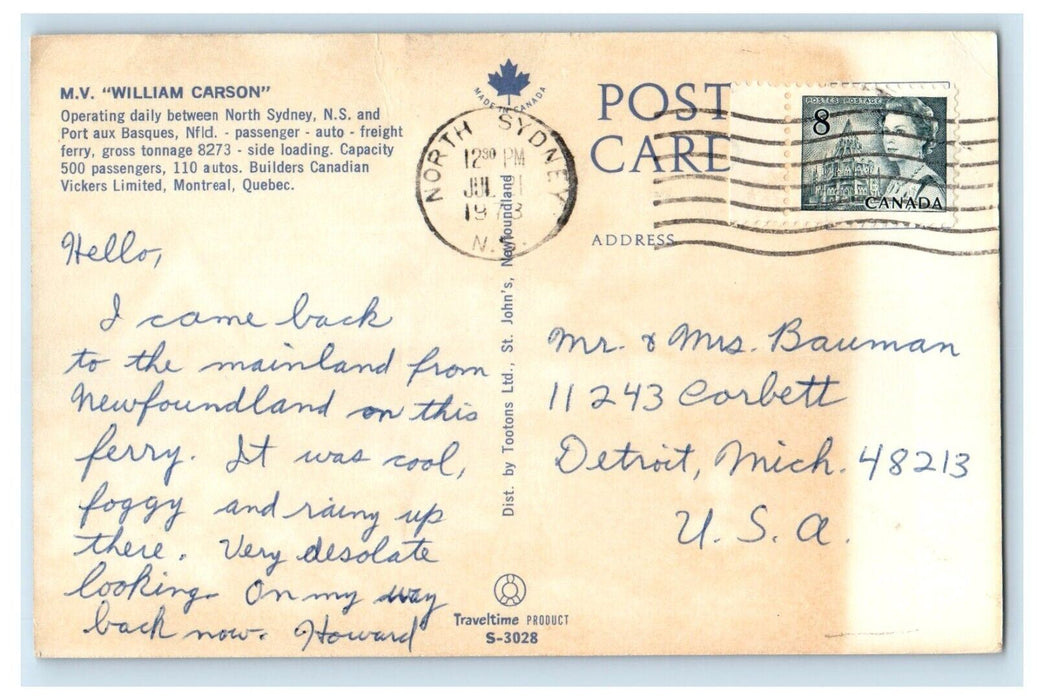 1973 M.V. William Carson Passenger Ship North Sydney Nova Scotia Canada Postcard