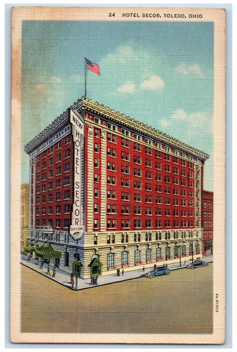 1943 American Flag, Hotel Secor Toledo Ohio OH Vintage Posted Cancel Postcard