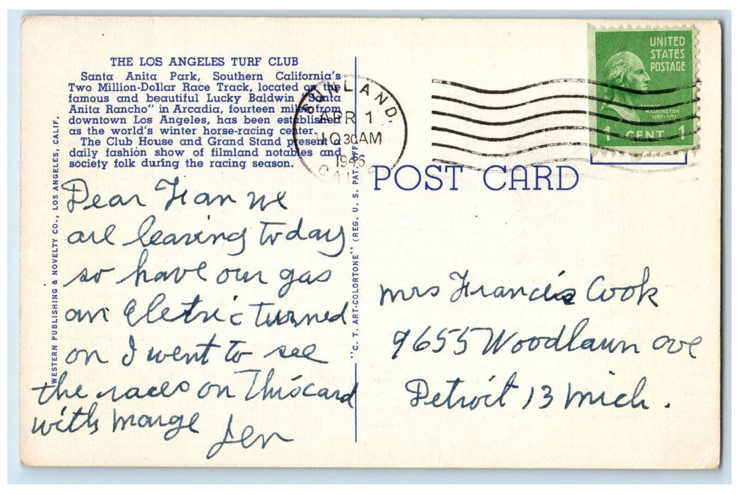 1946 Horse Racing Los Angeles Turf Club Santa Anita Park Arcadia CA Postcard
