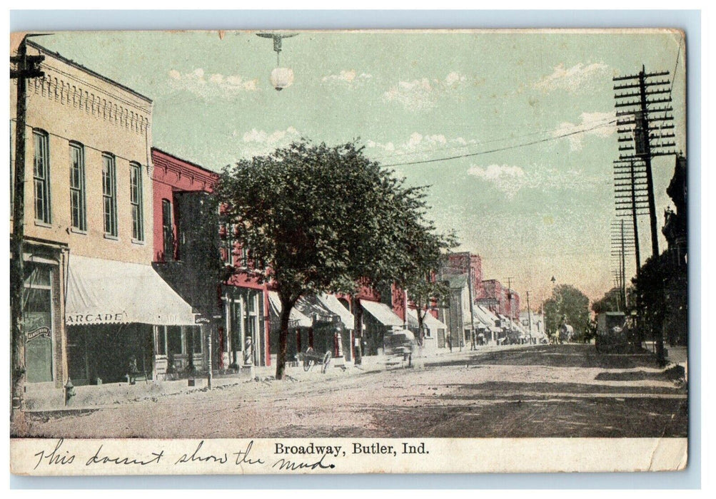 1909 Broadway Street View Stores Butler Indiana IN Posted Antique Postcard