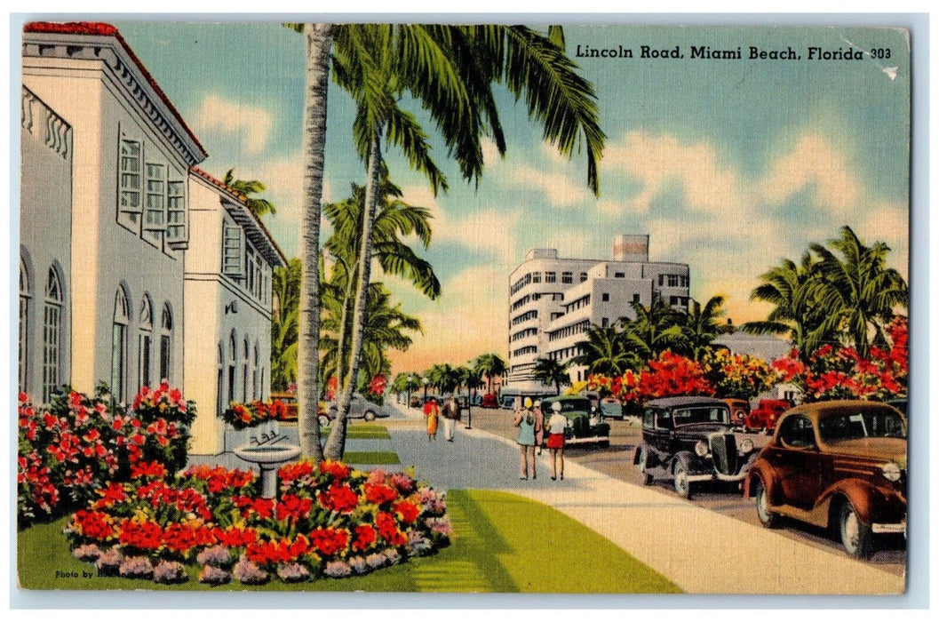 1941 Garden and Cars Scene, Lincoln Road Miami Beach Florida FL Postcard