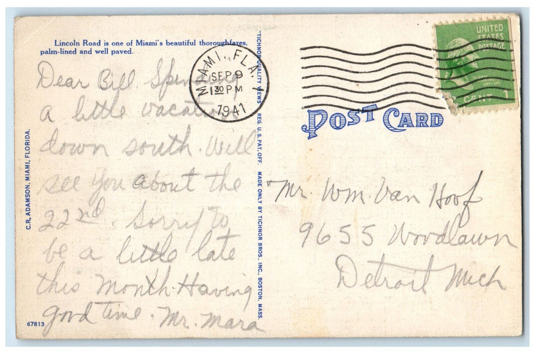 1941 Garden and Cars Scene, Lincoln Road Miami Beach Florida FL Postcard