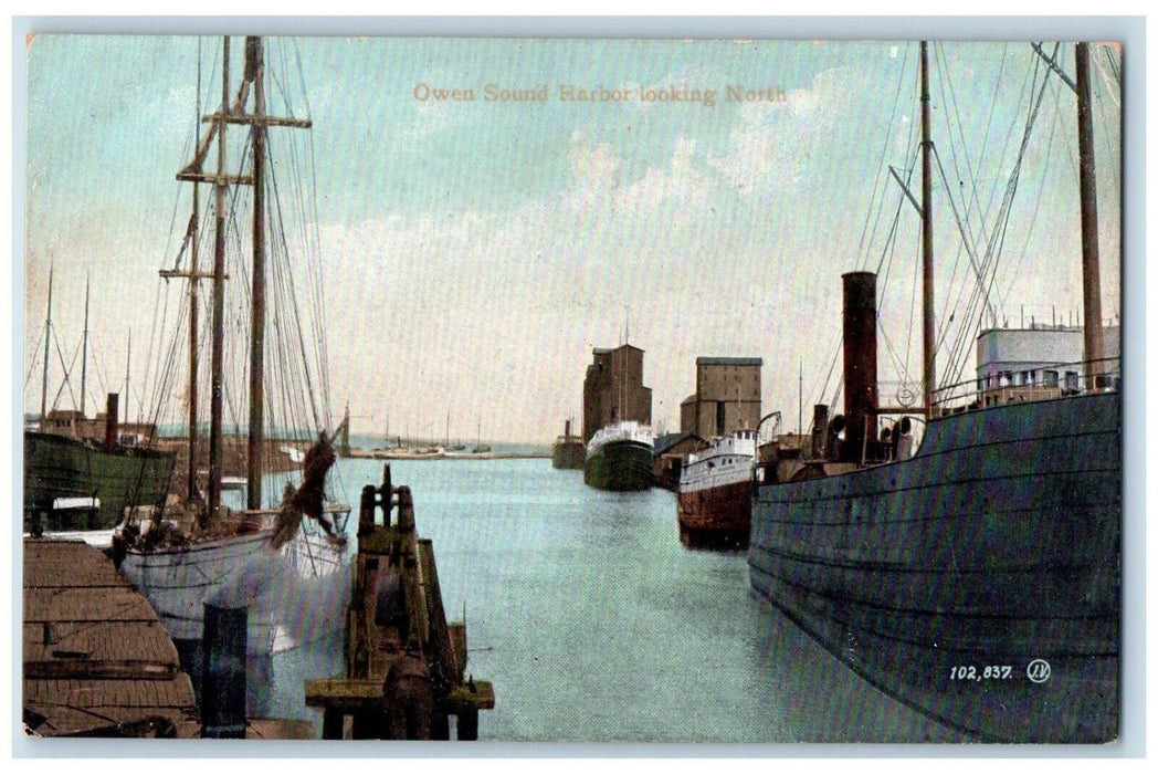c1905 Steamer Scene, Owen Sound Harbor Looking North Ontario Canada Postcard
