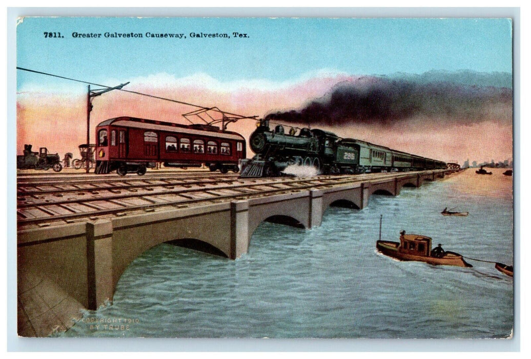 c1910's Greater Galveston Causeway Railroad Train Galveston Texas TX Postcard