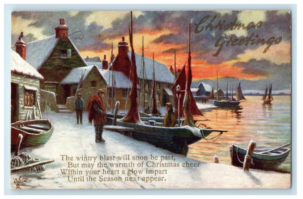 c1910 Snowy Shores, Steamer, Christmas Greetings, Oilette Tuck Art Postcard