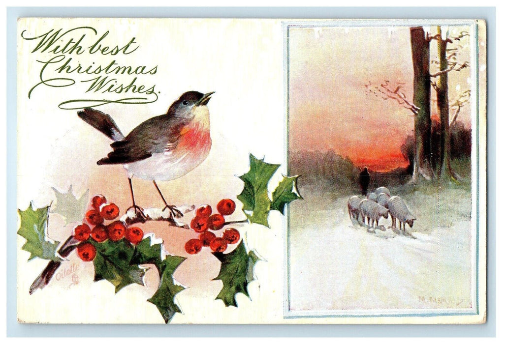 1906 With Best Christmas Wishes, Bird, Sheep, Oilette Tuck Art Postcard