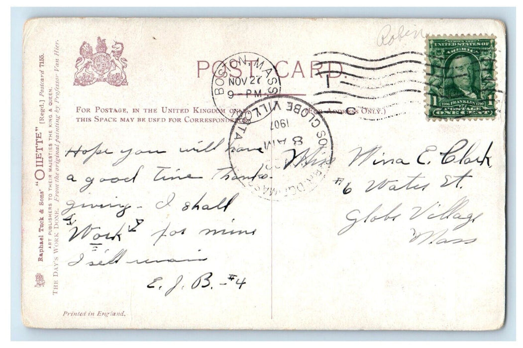 1907 The Day's Work Done Boston Massachusetts MA Oilette Tuck Art Postcard