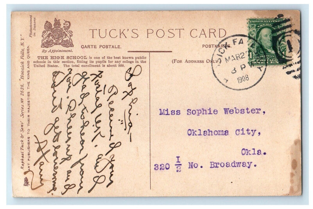 1908 High School, Hoosick Falls New York NY Posted Antique Tuck Art Postcard