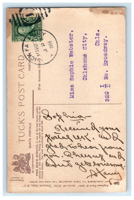 1908 High School, Hoosick Falls New York NY Posted Antique Tuck Art Postcard