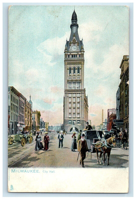 c1905 Horse Carriage, Tower Clock City Hall Milwaukee WI Tuck Art Postcard