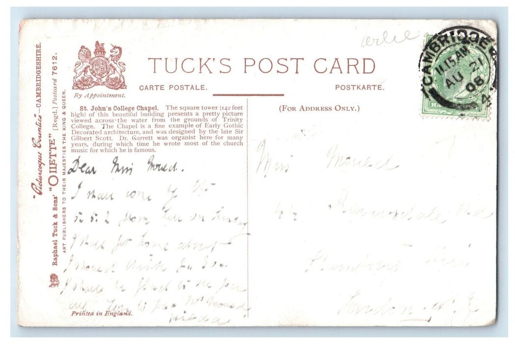 1908 Cambridgeshire St. John College Chapel Cambridge Oilette Tuck Art Postcard