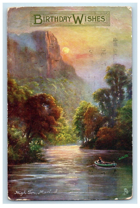 1911 Boat Canoeing Birthday Wishes High Tor Matlock Oilette Tuck Art Postcard