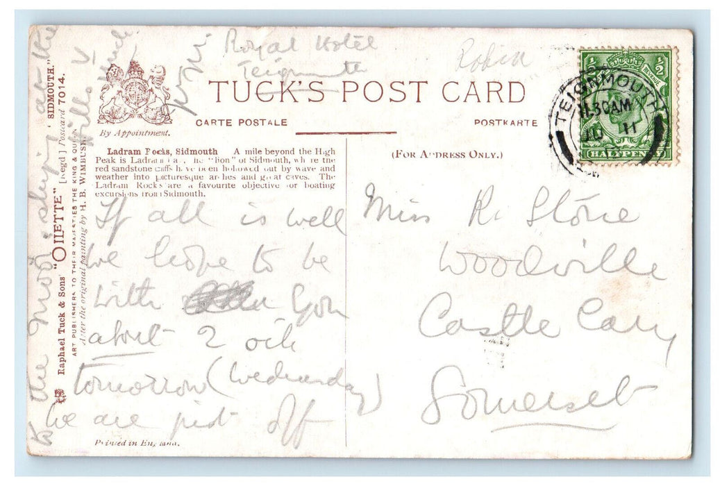 c1910 Sidmouth Ladram Rock Devon England Posted Oilette Tuck Art Postcard