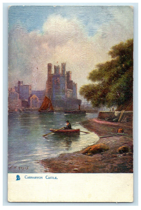 c1910 Carnavon Castle, Boat, Picturesque North Wales Oilette Art Tuck Postcard