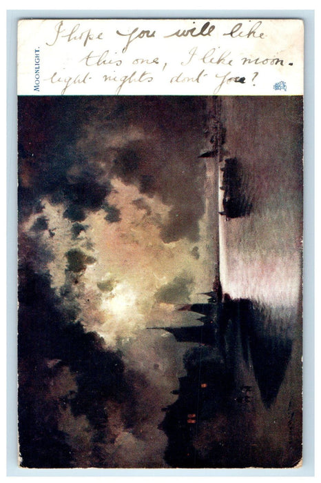 1904 Moonlight, Calm Seas, Posted Antique Oilette Tuck Art Postcard