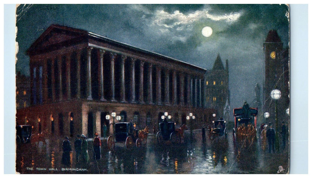 1906 The Town Hall Moonlight Birmingham England Oilette Tuck Art Postcard