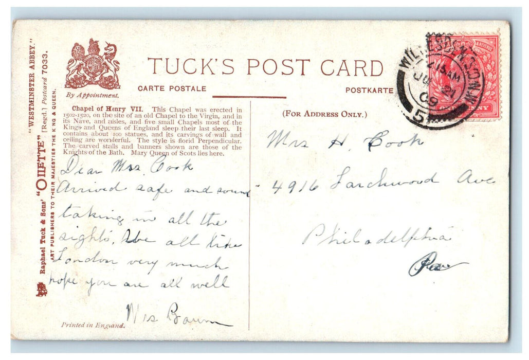 1909 Chapel of Henry VII Westminster Abbey Posted Oilette Tuck Art Postcard