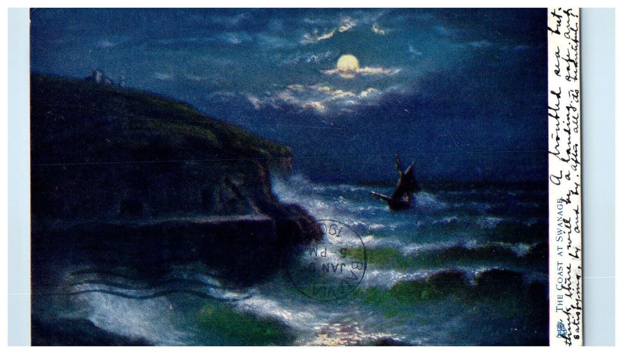 1906 Moonlight The Coast at Swanage England Rough Seas Oilette Tuck Art Postcard