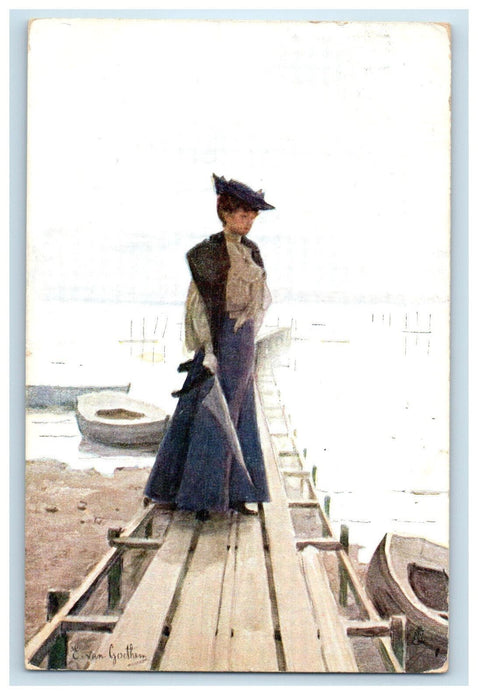 1905 Woman in Dress and Hat, Seaside Gems NY Aquarette Tuck Art Postcard