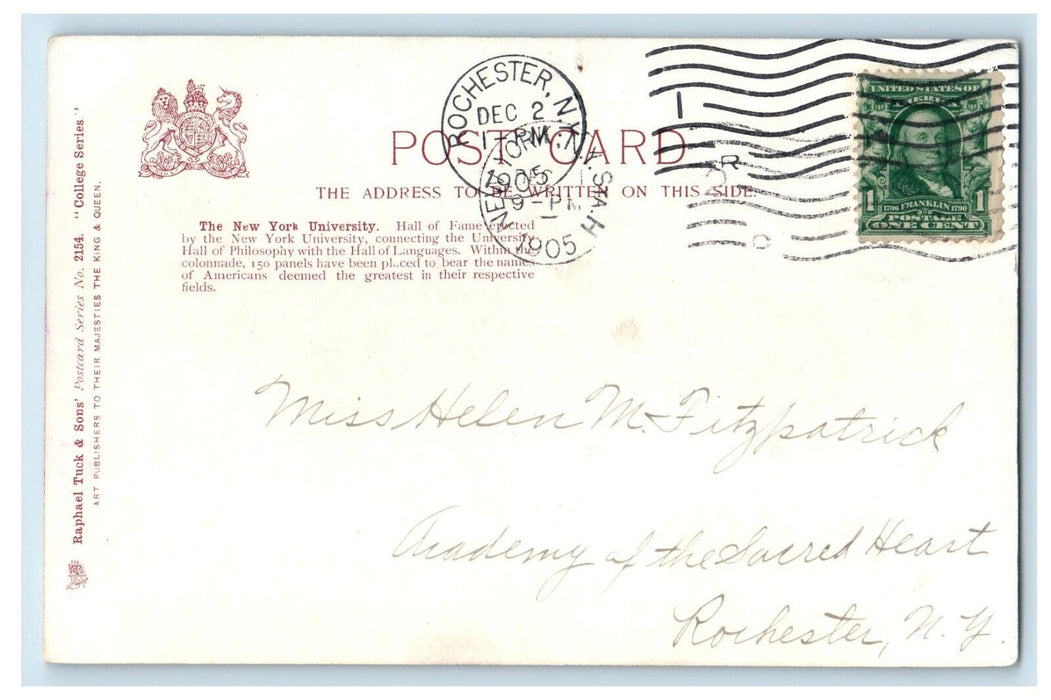 1905 The New York University Rochester New York NY Tuck Art Postcard