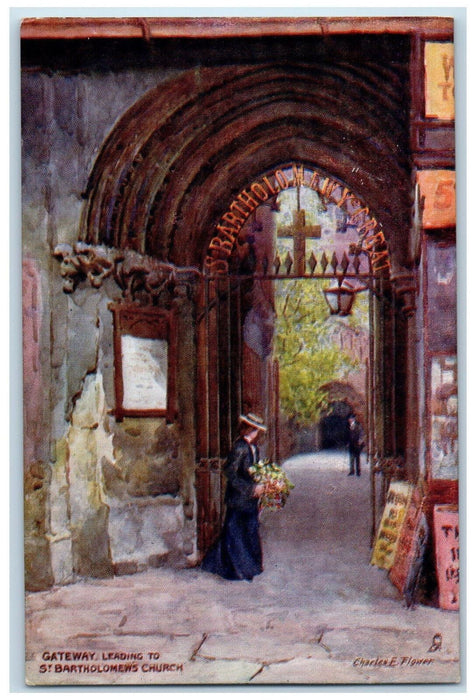 c1910 Gateway Leading To St. Bartholomews Church Aquarette Tuck Art Postcard