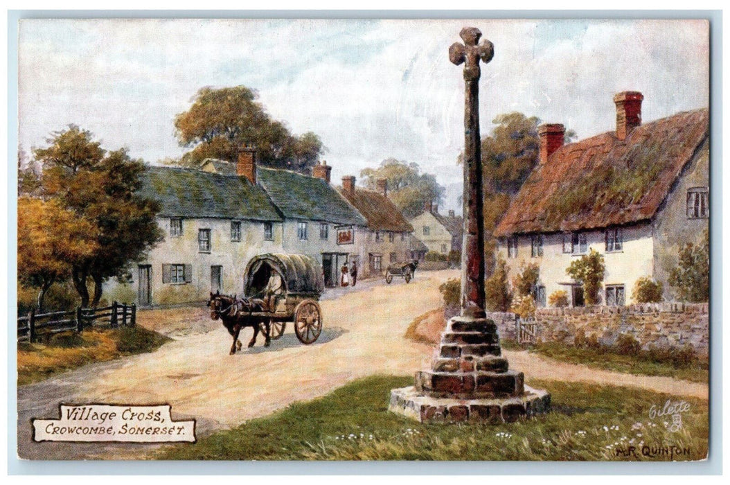 c1910 Horse Carriage Village Cross Crowcombe Somerset Oilette Tuck Art Postcard
