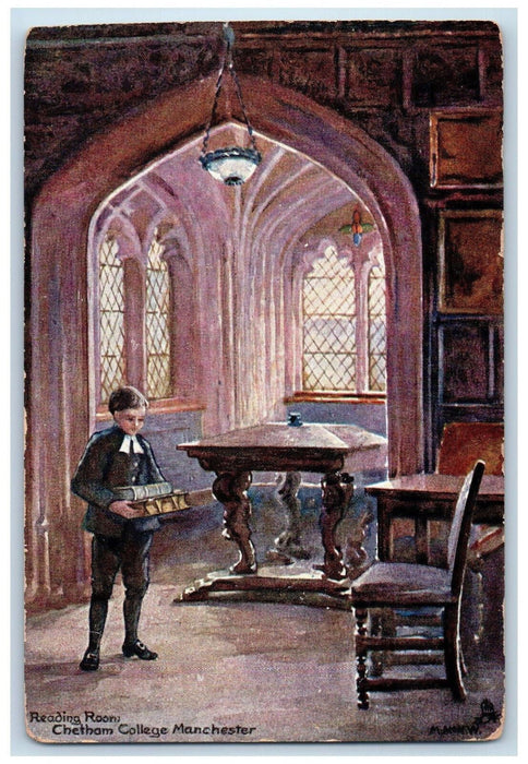 c1910 Reading Room Chetham College Manchester Oilette Tuck Art Postcard