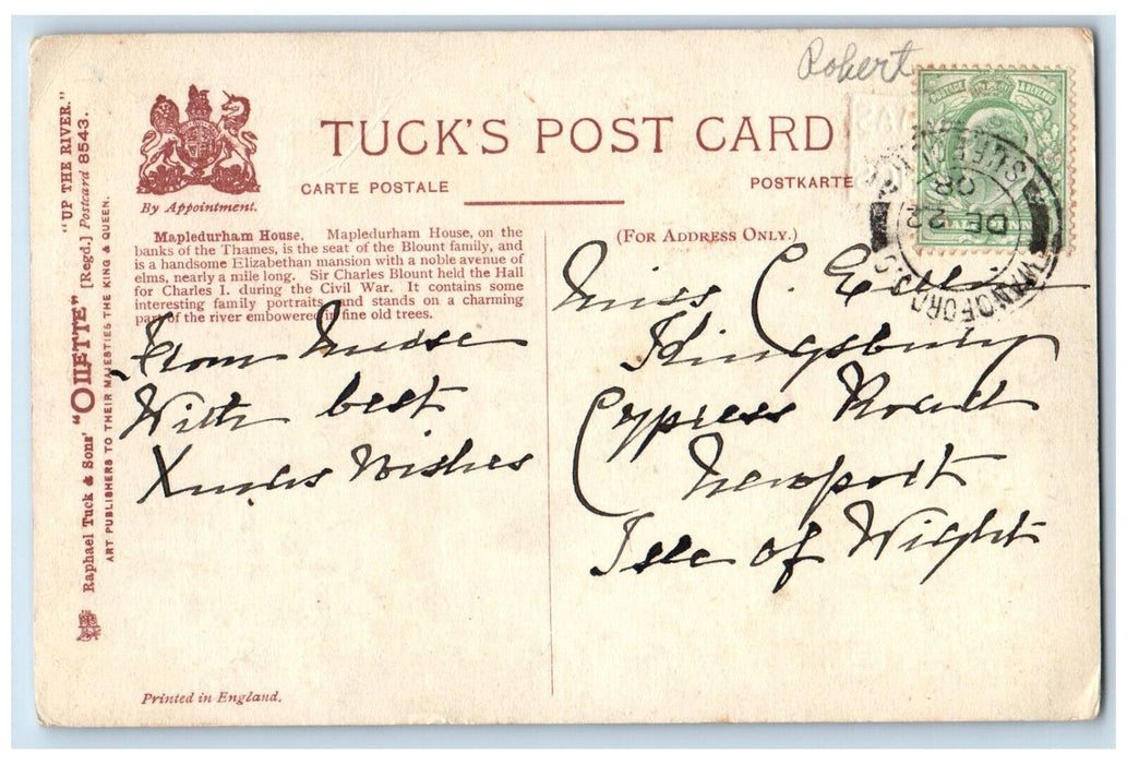 1908 The Thames Mapledurham Christmas Greetings Oilette Tuck Art Postcard