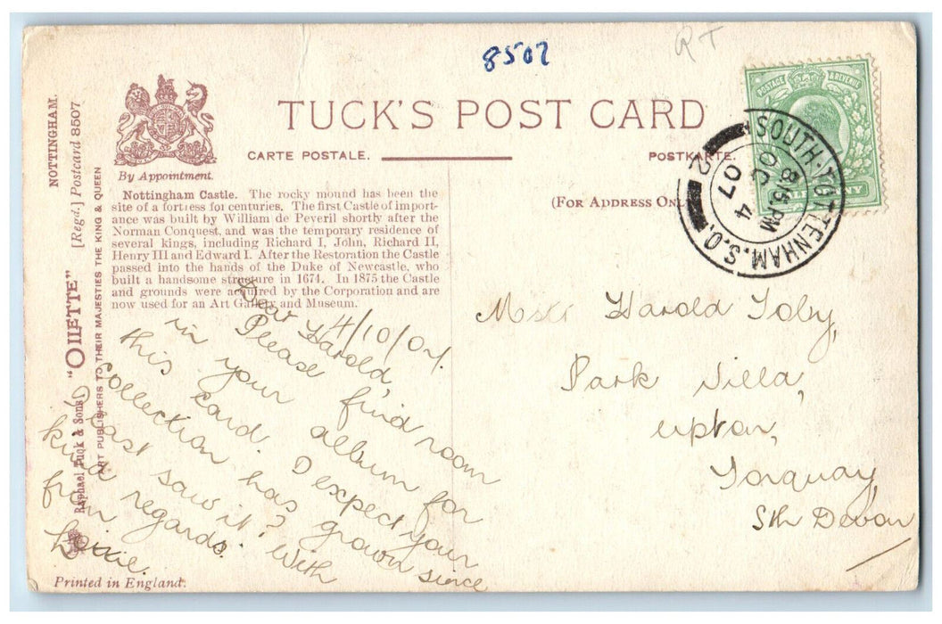 1907 The Castle Nottingham England Antique Oilette Tuck Art Postcard