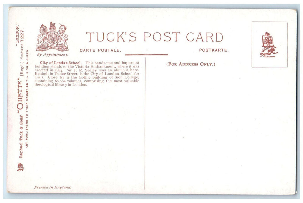 c1910 City of London School Thames Embankment Oilette Art Tuck Postcard