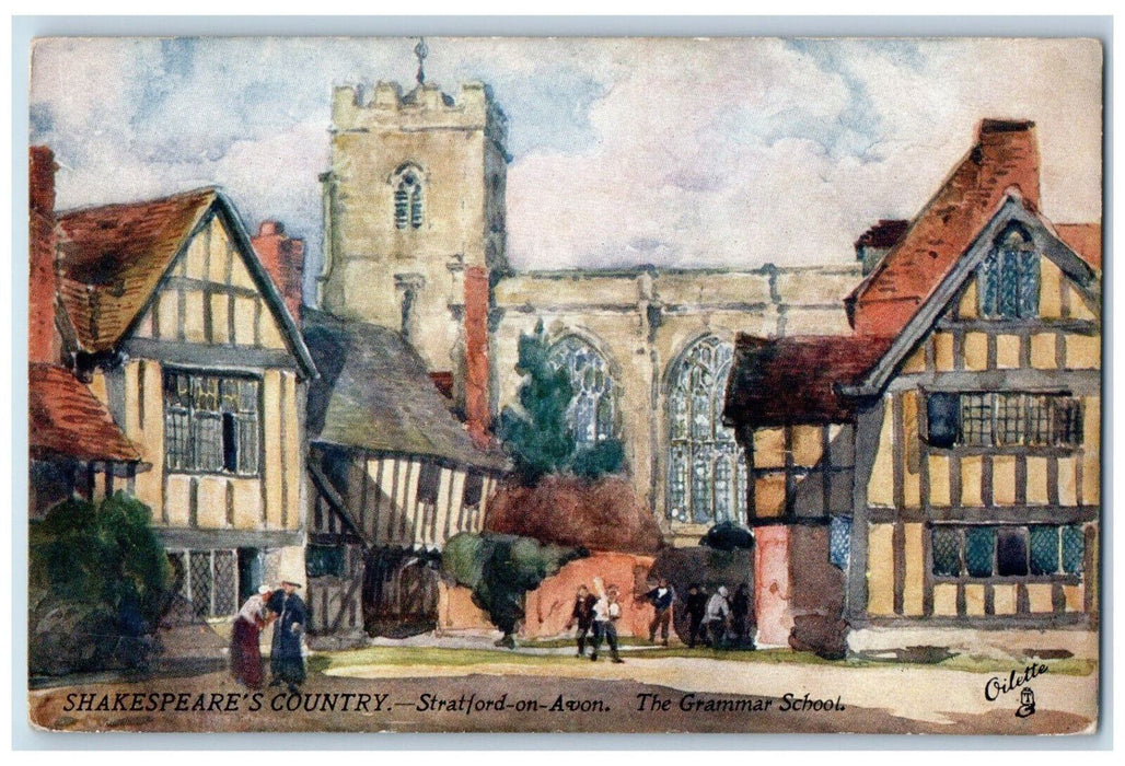 c1910 Grammar School Stratford on Avon Antique Oilette Tuck Art Postcard