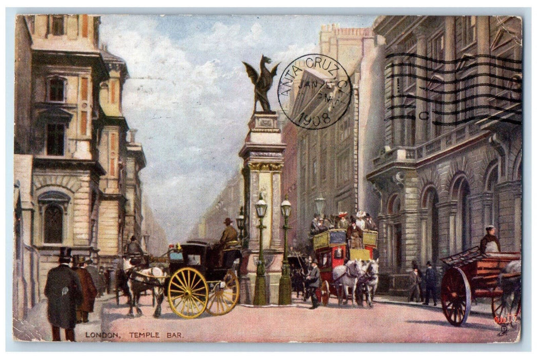 1908 Temple Bar Horse Carriage Monument, London Oilette Tuck Art Postcard